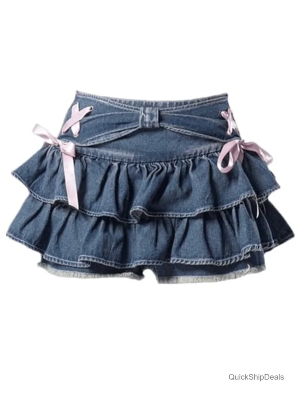 Women's Bow Low Waist Retro Pleated Denim Skirt with Adjustable Waist and
